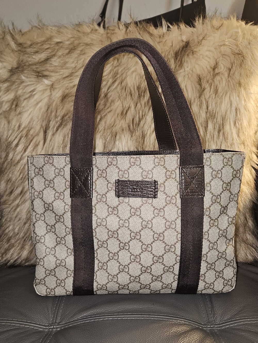 Gucci Beige/Brown GG Coated Canvas Tote with Dark Brown Straps